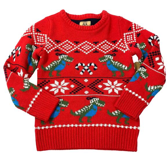 Maximus Rex Fair Isle T-Rex Ugly Christmas Sweater Kids Boys 3T Red Green Nordic - Picture 1 of 6